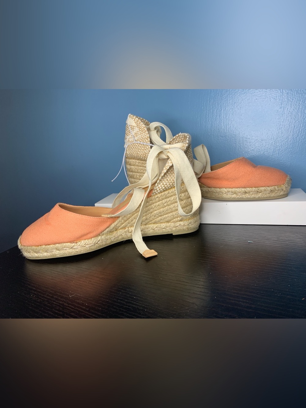 Castaner Coral Canvas Espadrille Wedges with Cream Ankle Ties